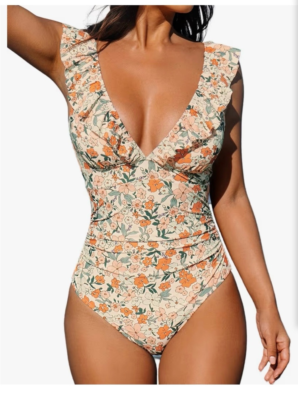 Cupshe Cream Floral Ruffle One-Piece Swimsuit